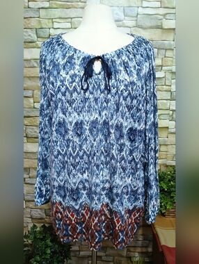 Boho Tie-Neck Tunic Top in Navy & Rust